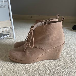 Tan Wedge Tie Up Ankle Boots